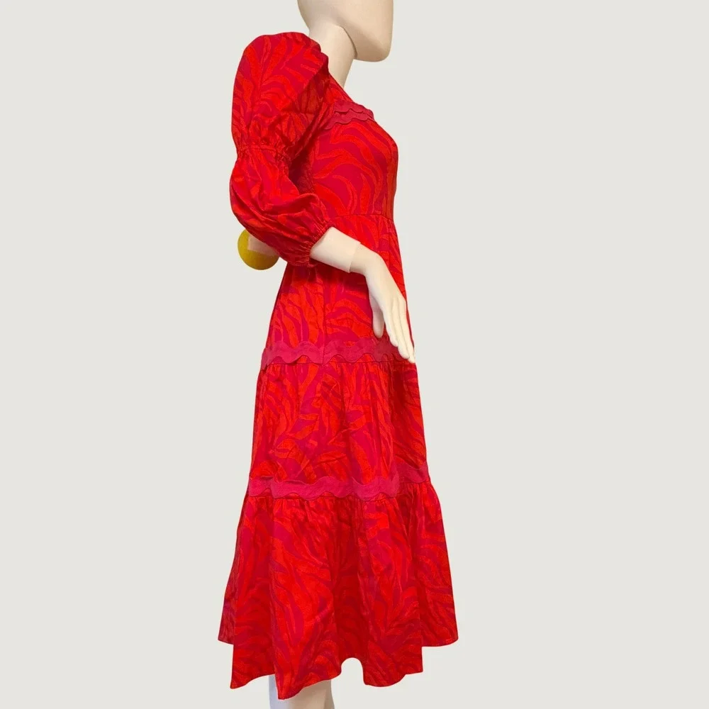 NWT Alden Adair Mia Womens Dress Red Pink Zebra Print Ric-Rac Tiered Midi XS